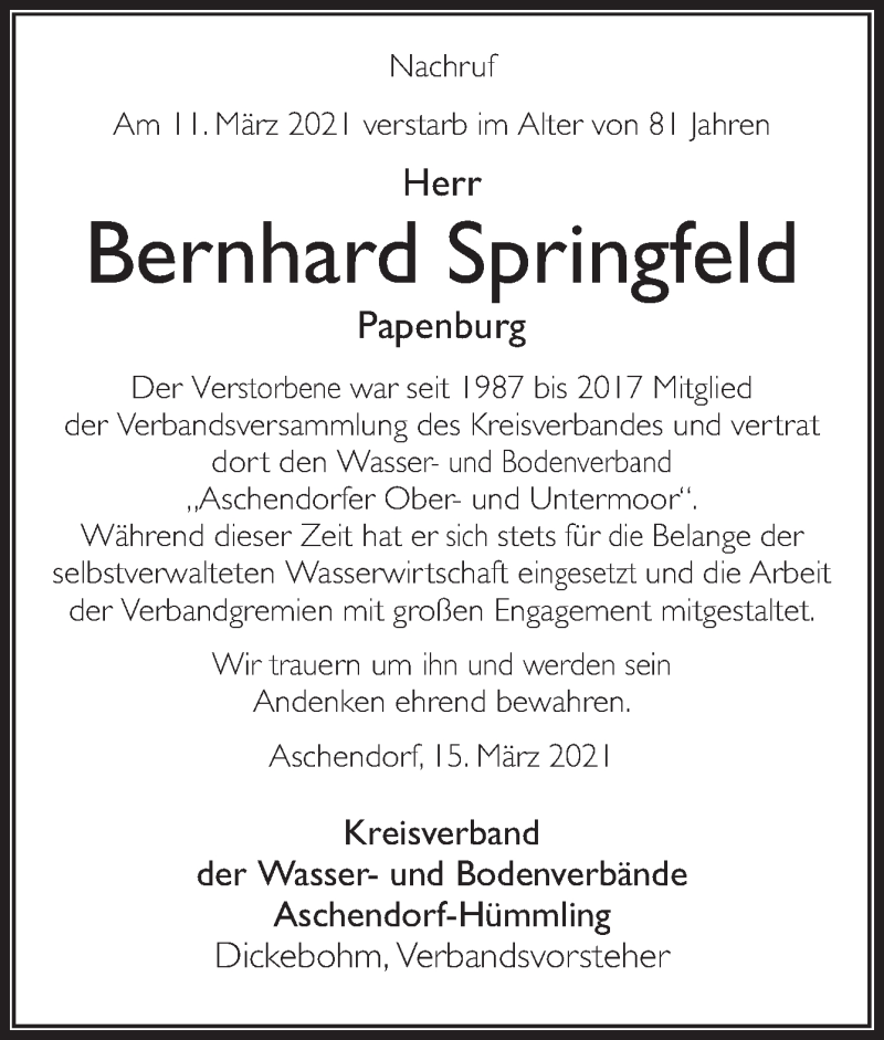  Traueranzeige für Bernhard Springfeld vom 18.03.2021 aus Neue Osnabrücker Zeitung GmbH & Co. KG