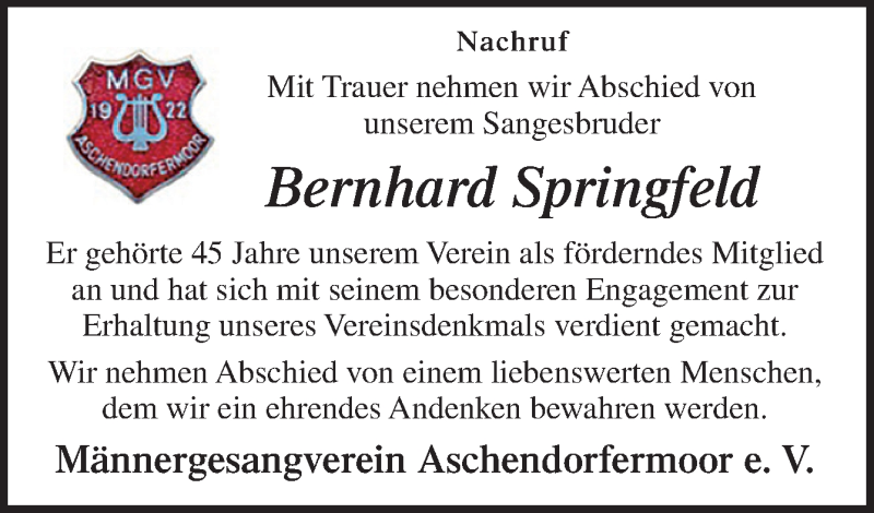  Traueranzeige für Bernhard Springfeld vom 17.03.2021 aus Neue Osnabrücker Zeitung GmbH & Co. KG