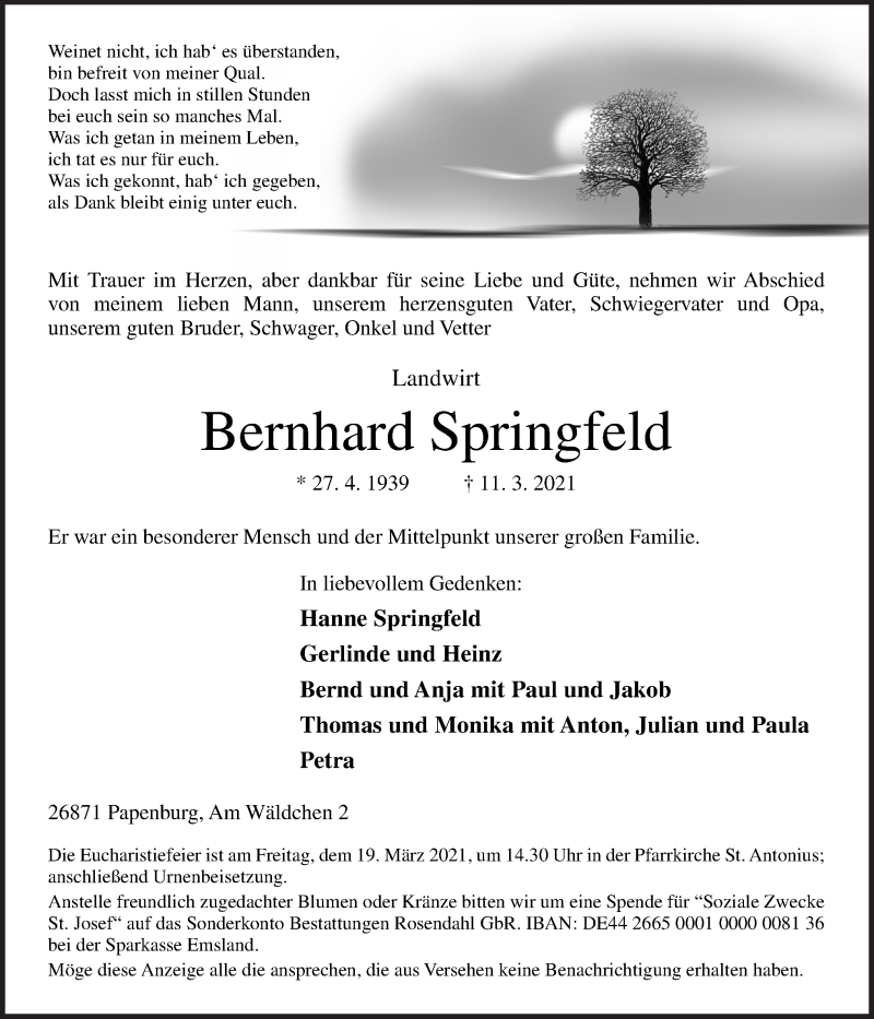  Traueranzeige für Bernhard Springfeld vom 13.03.2021 aus Neue Osnabrücker Zeitung GmbH & Co. KG