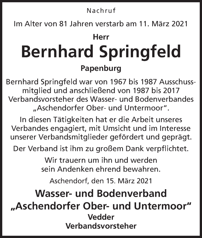  Traueranzeige für Bernhard Springfeld vom 18.03.2021 aus Neue Osnabrücker Zeitung GmbH & Co. KG