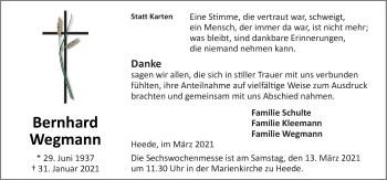 Traueranzeige von Bernhard Wegmann von Neue Osnabrücker Zeitung GmbH & Co. KG