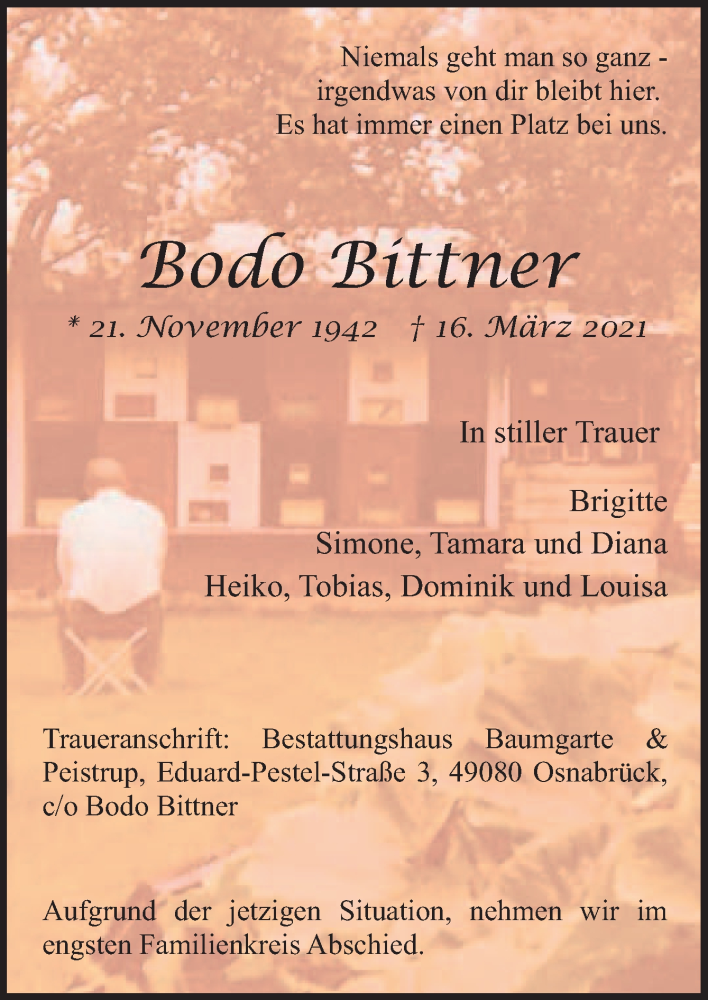  Traueranzeige für Bodo Bittner vom 20.03.2021 aus Neue Osnabrücker Zeitung GmbH & Co. KG