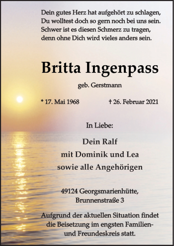 Traueranzeige von Britta Ingenpass von Neue Osnabrücker Zeitung GmbH & Co. KG