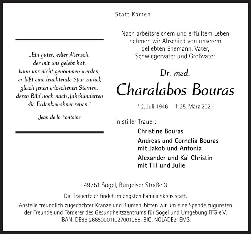  Traueranzeige für Charalabos Bouras vom 29.03.2021 aus Neue Osnabrücker Zeitung GmbH & Co. KG