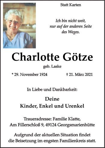 Traueranzeige von Charlotte Götze von Neue Osnabrücker Zeitung GmbH & Co. KG