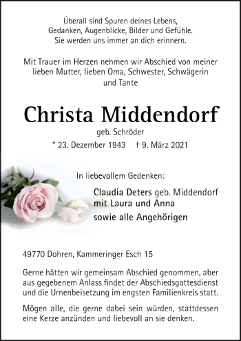 Traueranzeige von Christa Middendorf von Neue Osnabrücker Zeitung GmbH & Co. KG