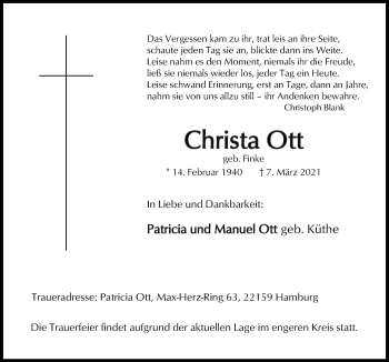 Traueranzeige von Christa Ott von Neue Osnabrücker Zeitung GmbH & Co. KG