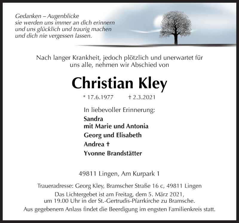  Traueranzeige für Christian Kley vom 04.03.2021 aus Neue Osnabrücker Zeitung GmbH & Co. KG