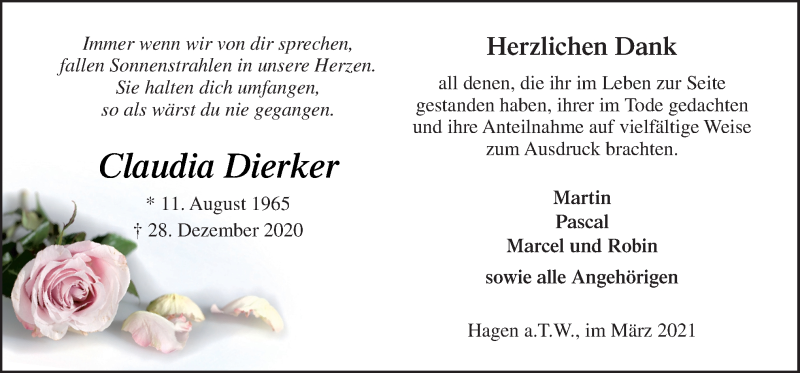  Traueranzeige für Claudia Dierker vom 13.03.2021 aus Neue Osnabrücker Zeitung GmbH & Co. KG