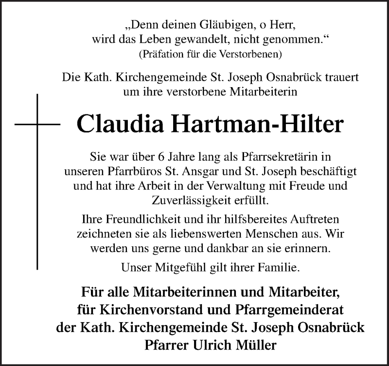  Traueranzeige für Claudia Hartman-Hilter vom 10.03.2021 aus Neue Osnabrücker Zeitung GmbH & Co. KG