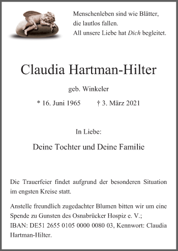 Traueranzeige von Claudia Hartman-Hilter von Neue Osnabrücker Zeitung GmbH & Co. KG