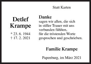 Traueranzeige von Detlef Krampe von Neue Osnabrücker Zeitung GmbH & Co. KG