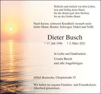 Traueranzeige von Dieter Busch von Neue Osnabrücker Zeitung GmbH & Co. KG