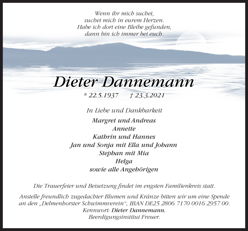  Traueranzeige für Dieter Dannemann vom 27.03.2021 aus Neue Osnabrücker Zeitung GmbH & Co. KG
