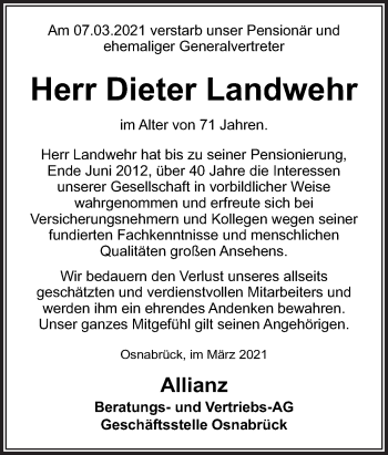 Traueranzeige von Dieter Landwehr von Neue Osnabrücker Zeitung GmbH & Co. KG