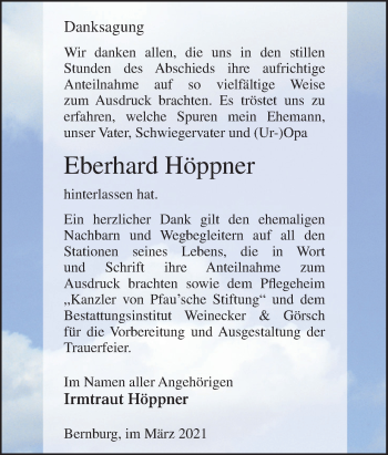 Traueranzeige von Eberhard Höppner von Neue Osnabrücker Zeitung GmbH & Co. KG