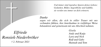 Traueranzeige von Elfriede Ronsiek-Niederbröker von Neue Osnabrücker Zeitung GmbH & Co. KG