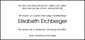 Traueranzeige von Elisabeth Eichberger von Neue Osnabrücker Zeitung GmbH & Co. KG