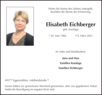 Traueranzeige von Elisabeth Eichberger von Neue Osnabrücker Zeitung GmbH & Co. KG