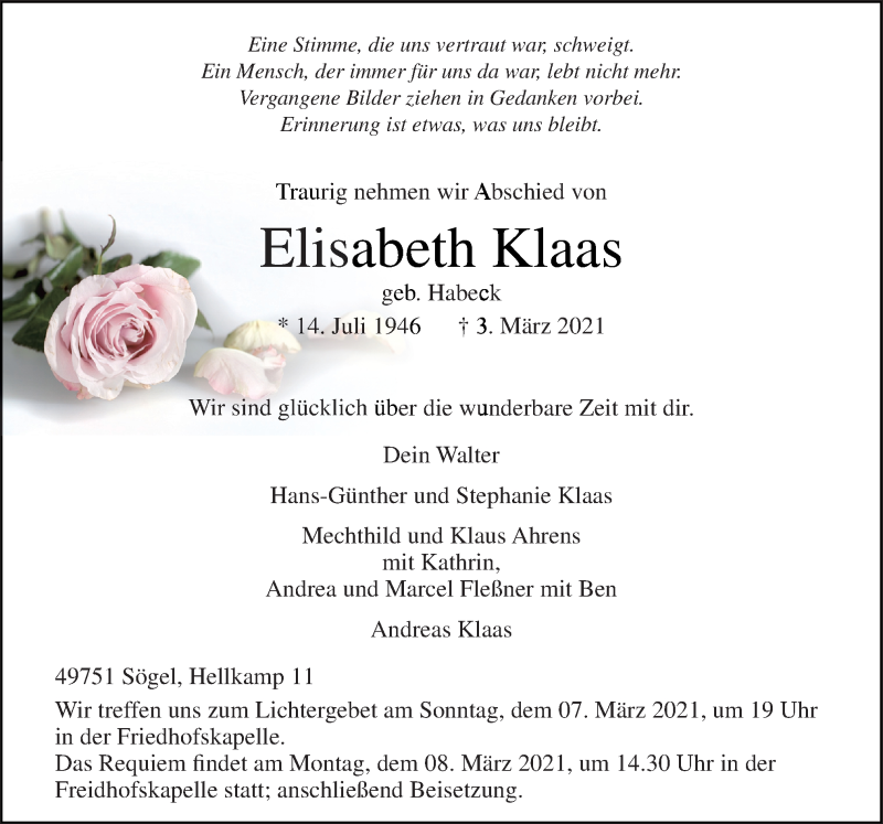  Traueranzeige für Elisabeth Klaas vom 06.03.2021 aus Neue Osnabrücker Zeitung GmbH & Co. KG