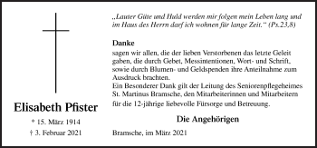 Traueranzeige von Elisabeth Pfister von Neue Osnabrücker Zeitung GmbH & Co. KG