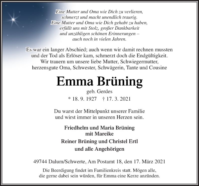  Traueranzeige für Emma Brüning vom 19.03.2021 aus Neue Osnabrücker Zeitung GmbH & Co. KG