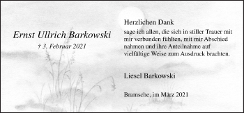 Traueranzeige von Ernst Ullrich Barkowski von Neue Osnabrücker Zeitung GmbH & Co. KG