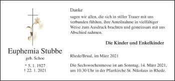 Traueranzeige von Euphemia Stubbe von Neue Osnabrücker Zeitung GmbH & Co. KG