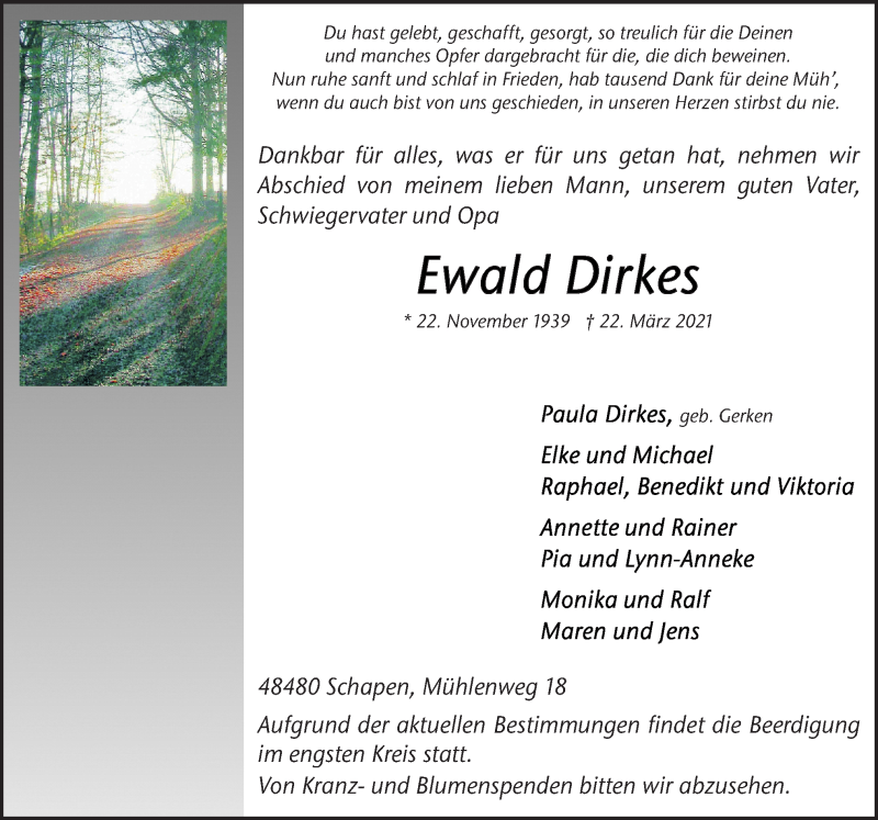  Traueranzeige für Ewald Dirkes vom 27.03.2021 aus Neue Osnabrücker Zeitung GmbH & Co. KG