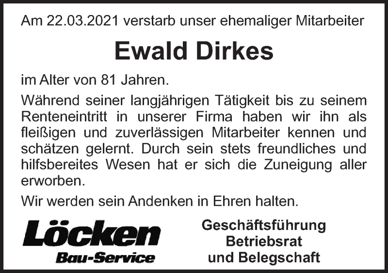  Traueranzeige für Ewald Dirkes vom 27.03.2021 aus Neue Osnabrücker Zeitung GmbH & Co. KG