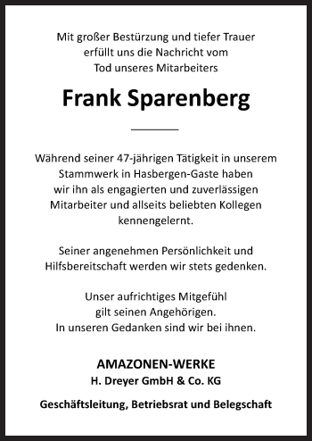 Traueranzeige von Frank Sparenberg von Neue Osnabrücker Zeitung GmbH & Co. KG