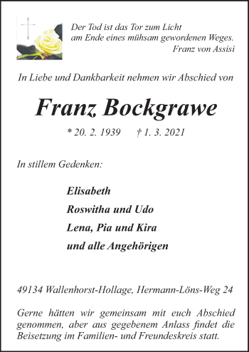 Traueranzeige von Franz Bockgrawe von Neue Osnabrücker Zeitung GmbH & Co. KG
