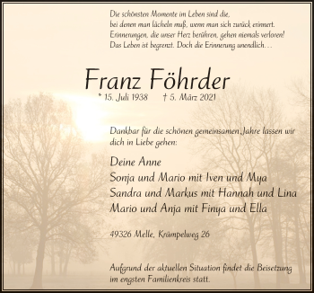 Traueranzeige von Franz Föhrder von Neue Osnabrücker Zeitung GmbH & Co. KG