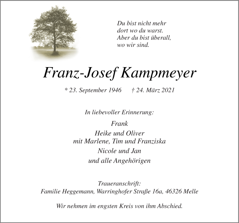  Traueranzeige für Franz-Josef Kampmeyer vom 27.03.2021 aus Neue Osnabrücker Zeitung GmbH & Co. KG