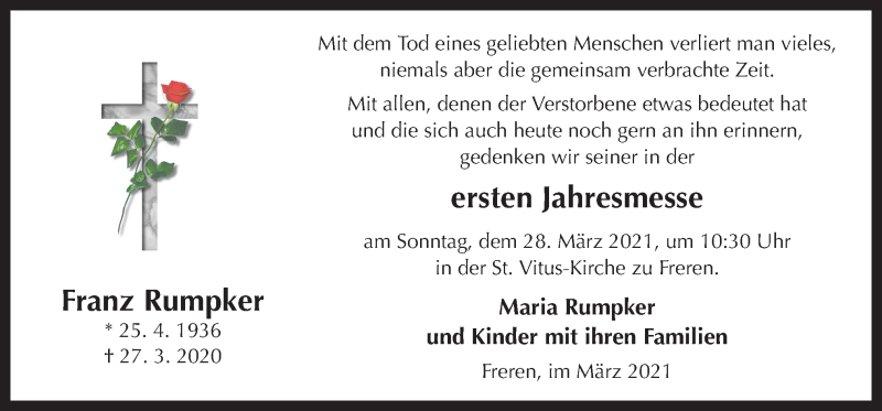  Traueranzeige für Franz Rumpker vom 25.03.2021 aus Neue Osnabrücker Zeitung GmbH & Co. KG
