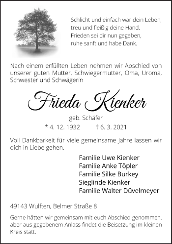 Traueranzeige von Frieda Kienker von Neue Osnabrücker Zeitung GmbH & Co. KG