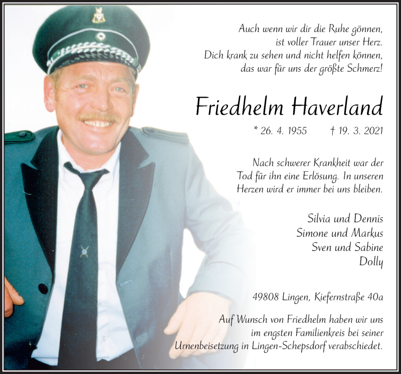  Traueranzeige für Friedhelm Haverland vom 30.03.2021 aus Neue Osnabrücker Zeitung GmbH & Co. KG