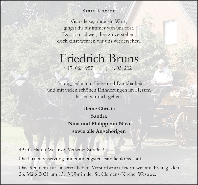  Traueranzeige für Friedrich Bruns vom 20.03.2021 aus Neue Osnabrücker Zeitung GmbH & Co. KG