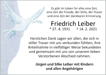 Traueranzeige von Friedrich Leiber von Neue Osnabrücker Zeitung GmbH & Co. KG