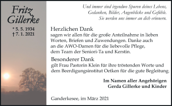 Traueranzeige von Fritz Gillerke von Neue Osnabrücker Zeitung GmbH & Co. KG