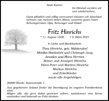 Traueranzeige von Fritz Hinrichs von Neue Osnabrücker Zeitung GmbH & Co. KG