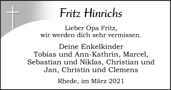 Traueranzeige von Fritz Hinrichs von Neue Osnabrücker Zeitung GmbH & Co. KG