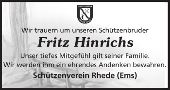 Traueranzeige von Fritz Hinrichs von Neue Osnabrücker Zeitung GmbH & Co. KG