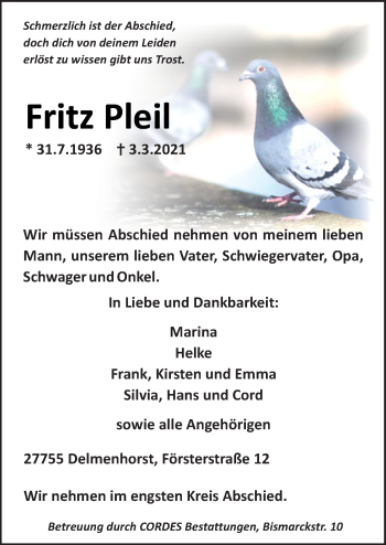 Traueranzeige von Fritz Pleil von Neue Osnabrücker Zeitung GmbH & Co. KG