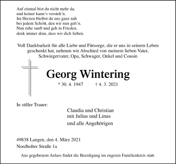 Traueranzeige von Georg Wintering von Neue Osnabrücker Zeitung GmbH & Co. KG