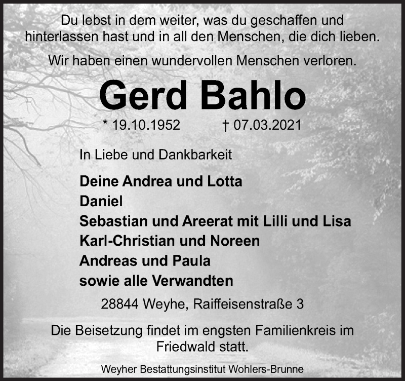  Traueranzeige für Gerd Bahlo vom 20.03.2021 aus Neue Osnabrücker Zeitung GmbH & Co. KG