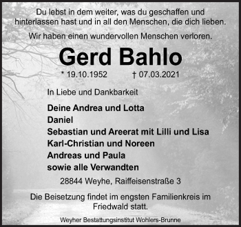 Traueranzeige von Gerd Bahlo von Neue Osnabrücker Zeitung GmbH & Co. KG