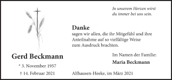 Traueranzeige von Gerd Beckmann von Neue Osnabrücker Zeitung GmbH & Co. KG