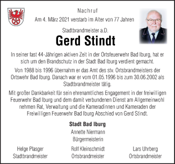 Traueranzeige von Gerd Stindt von Neue Osnabrücker Zeitung GmbH & Co. KG