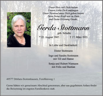 Traueranzeige von Gerda Stottmann von Neue Osnabrücker Zeitung GmbH & Co. KG